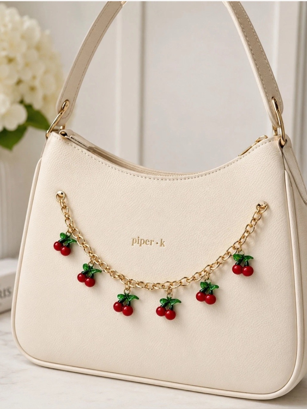 Piper-K Cherry Bag Charm Chain NIB Cute Cherry Purse Charm w/ Box